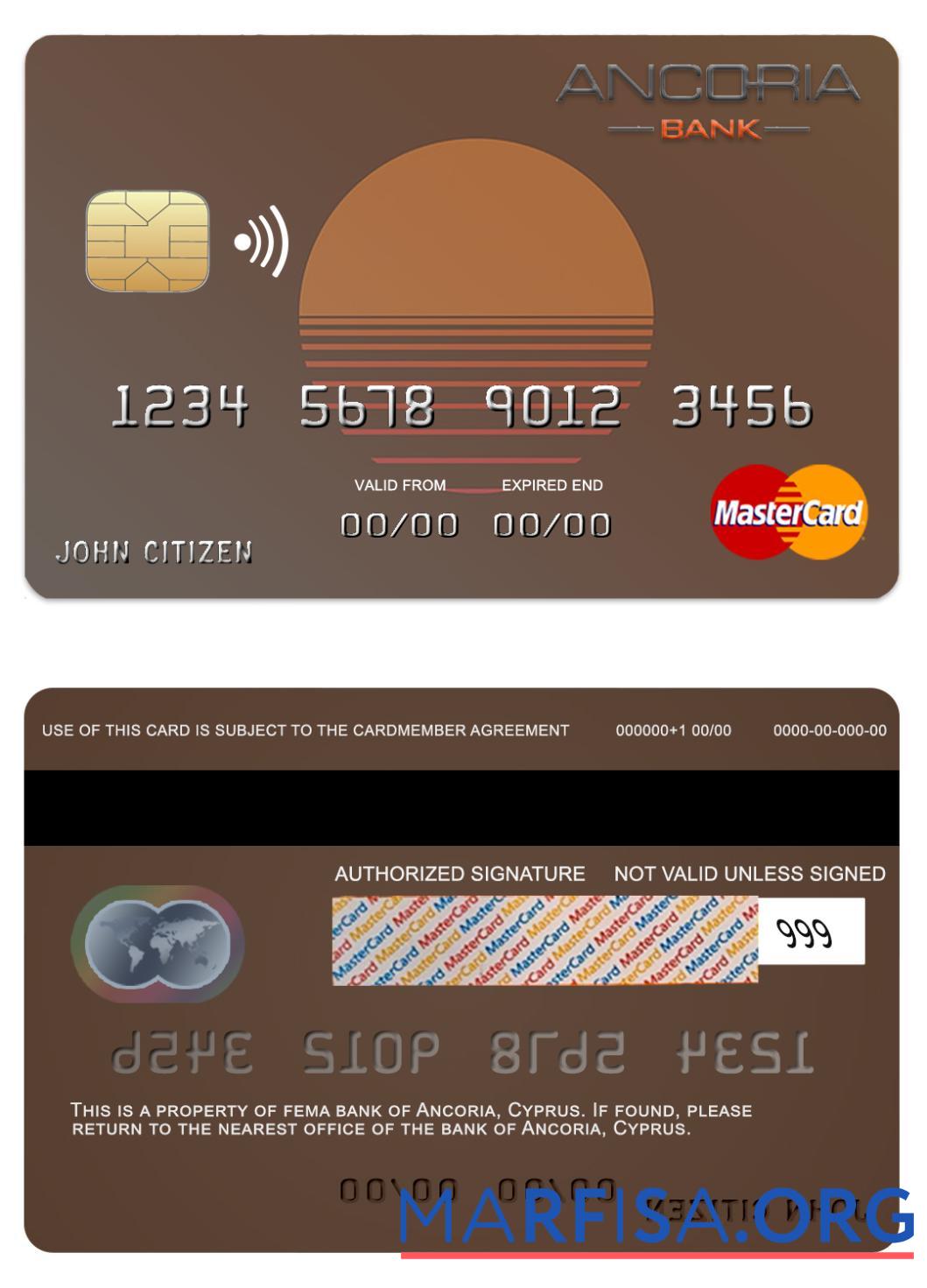 Blank Cyprus Ancoria bank mastercard real example